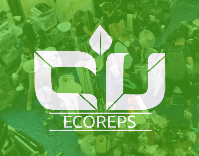 A green rectangle has the Columbia Ecoreps logo in the center. When hovered over, a gif plays. The gif shows a panning shot over a large room filled with belongings for sale. It is the Green Sale, held annually during move in to help students find low-cost pre-loved dorm room supplies, decorations, and textbooks.