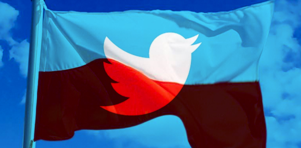 A Poland flag is partially obscured by the color blue, except in the center where the outline of the Twitter logo bird is seen. Hovering over this image plays a gif where the frame zooms into different red-white boundaries in a random image of a kitchen.