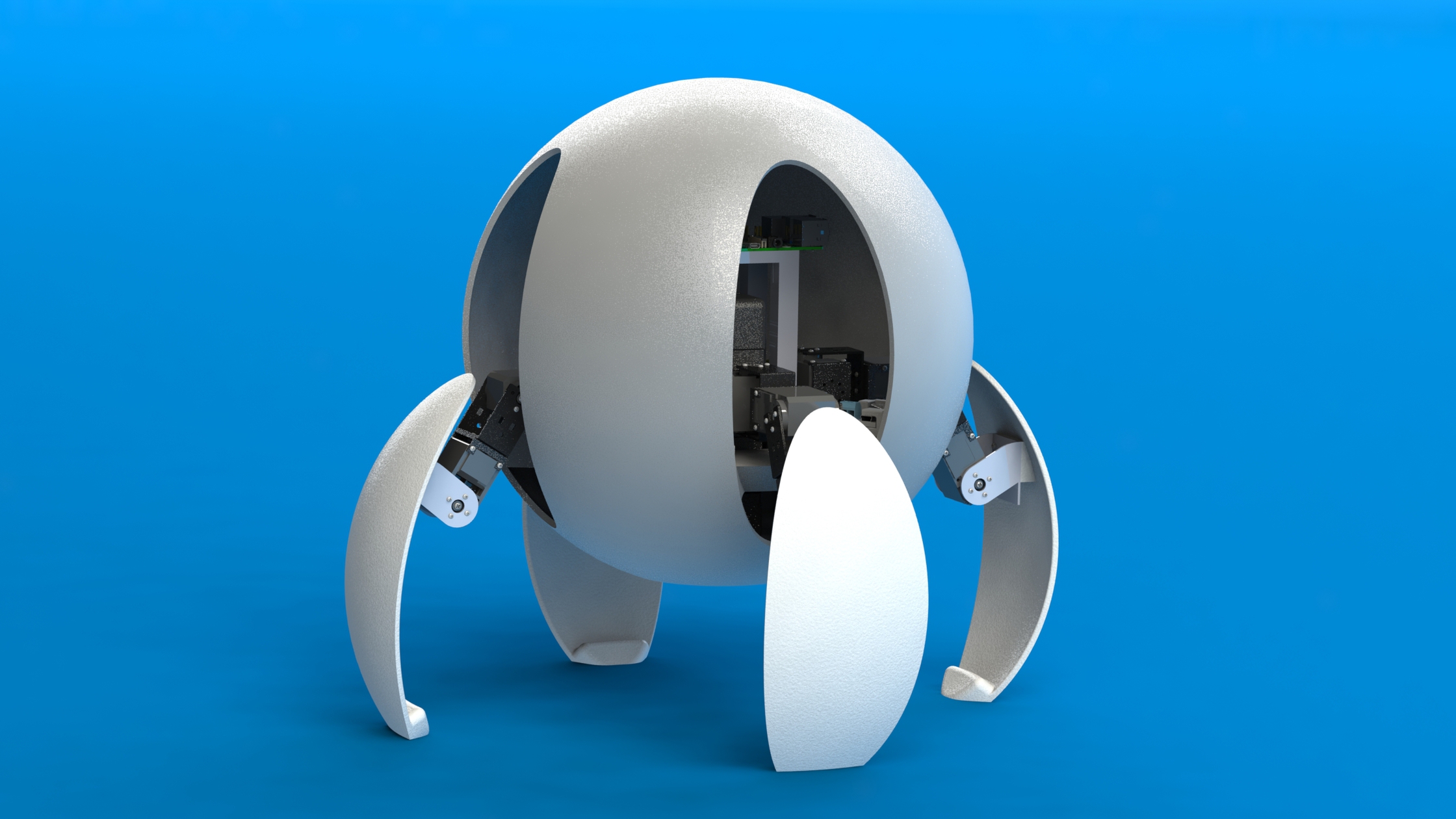 A CAD mockup of a four-legged spherical robot. When hovering your mouse over this image, a GIF plays of Spencer holding one leg of this robot as it moves through a crawling walk cycle.