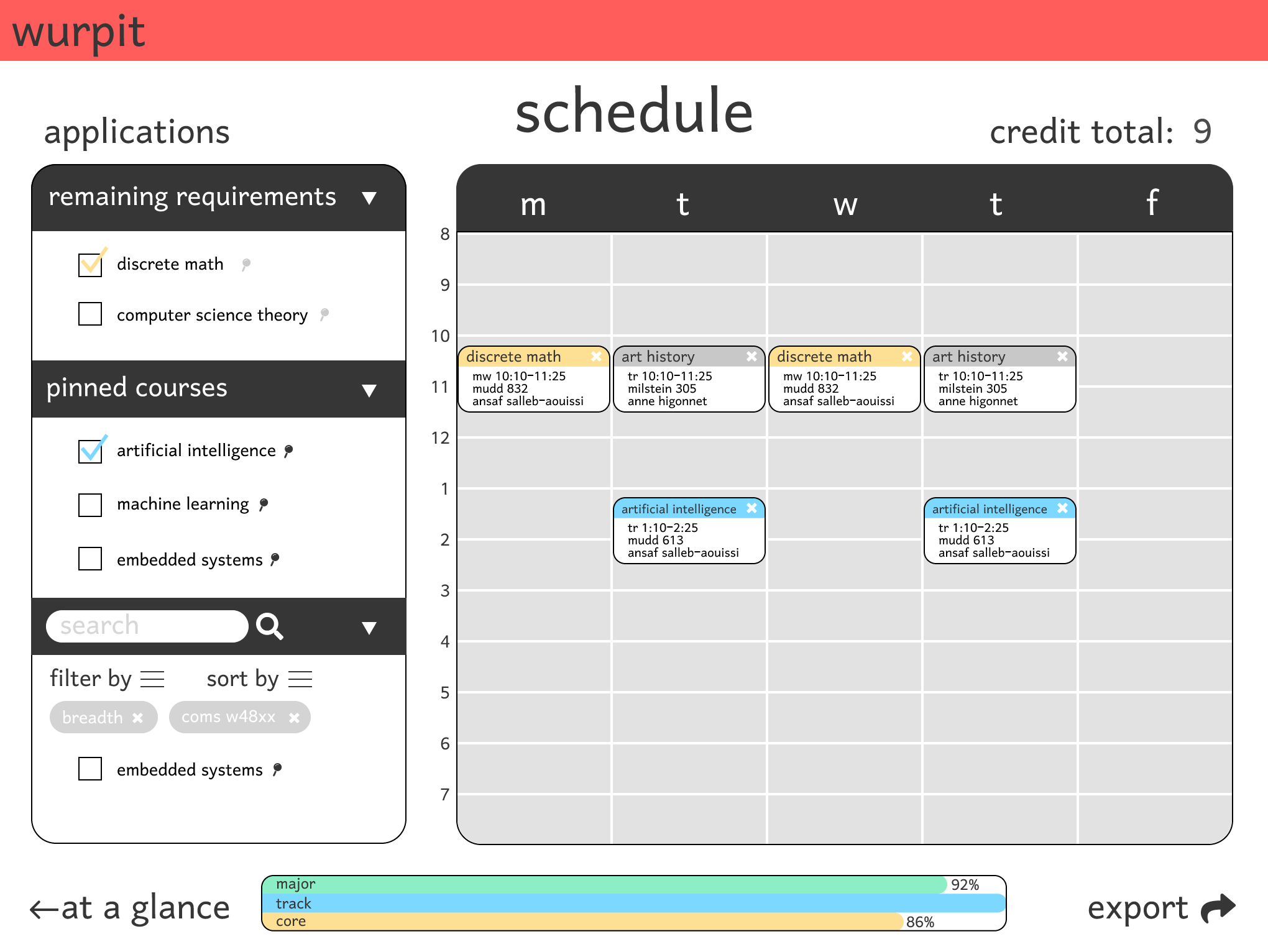 A gif of the interaction with a schedling page. On the first page, circular progress arcs can be seen on the left depicting the user's progress through their major. Then, on the right, an interactive checklist depicts which requirement(s) are needed to satisfy different track requirements for the student. On the page to the right, a weekly planner is shown on the right and a shortlist of classes can be filtered and searched on the left.